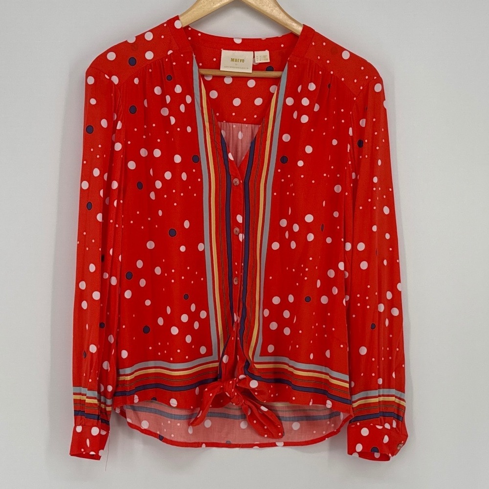 Maeve Anthropologie Blouse Size 4 Red Polka Dot Tie Front Long Sleeve Button Up